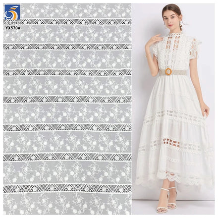 YX570 New Laser Milk Silk Polyester White Embroidery Chiffon Fabric Flowers Floral Embroidered for Women Dresses