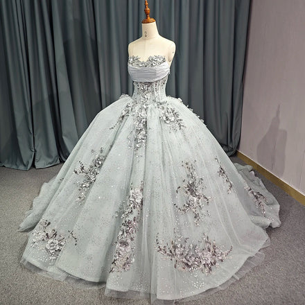 Jancember 6521 Shiny Silver Gray Ruffle 3d Flower Quinceanera Dresses for Girls