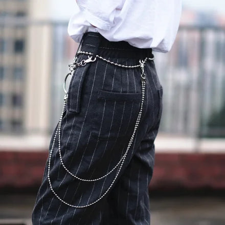 Men Trousers Retro Double Bead Metal Chain Hip-hop Punk Style Pants Waist Belt Key Chain Trendy Accessories