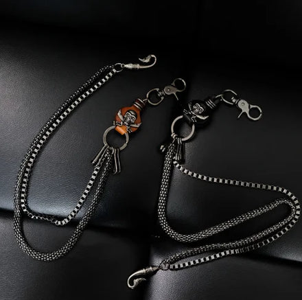 Men Trousers Metal Retro Ghost Head Double Layer Chain Hip-hop Punk Style Pants Waist Belt Key Chain Trendy Accessories