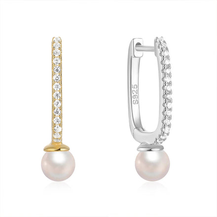 EH1575 Wholesale Fashion Jewelry 925 Sterling Silver U-shaped Pearl Diamond Zircon Gold Plated Hoop Earring Jewelry for Women