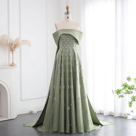 For Jancember SZ455 Arabic Olive Green Evening Prom Dresses A-Line Beading 3D Pattern Pleat Decorations Natural Waist Party