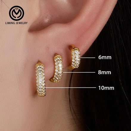 GE129 INS 925 Sterling Silver 6/8/10mm Classic Multi-Row Cubic Zirconia Fine Jewelry Full Diamond Round Hoop Earrings for Women