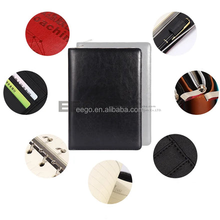 Custom Logo Business Documents Zippered File Folder PU Leather Portfolio Pad Folio With Calculator and 6 Ring Binder