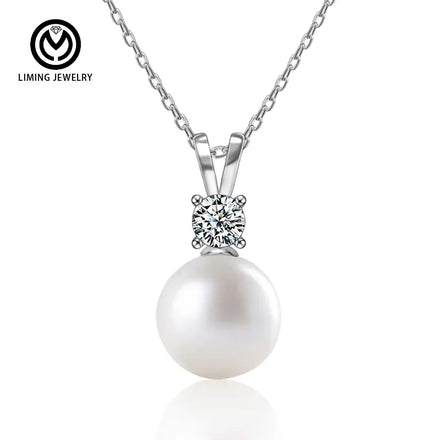 XMZ061 Korean Elegant Diamond 925 Sterling Silver 0.5Ct Moissanite Pearl Pendant Necklace Fine Jewelry for Women Gift