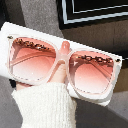 Fashion Trendy White Large square Full Frame Sunglasses Custom logo Metal Chain pink Brown Simple Designs Sun Glasses Unisex