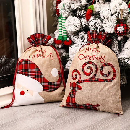 Cute Chicapo SDB Model Christmas Plaid Side Drawstring Decoration Wholesale Burlap Tote Gift Bags for Holiday Gift Wrapping