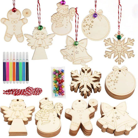 Pafu 10pcs Xmas DIY Sets Unfinished Wooden Crafts Christmas Wooden Ornaments With Paintbrush for Kids Christmas Tree Ornaments