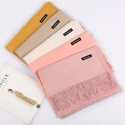 Women's 2024 Winter Satin Hijab Pure Color 100% Cashmere Pashmina 330 Grams Long Double-Sided Shawl Argyle Pattern Bows Logo