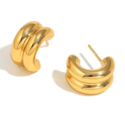 Wholesale Fashion Waterproof Jewelry 18K Gold Plated Stainless Steel Chunky Double Layer C-shaped Hoop Earrings for Women