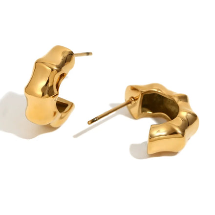 New Fashion Waterproof Non Tarnish 18K Gold Plated Stainless Steel Bamboo Hoop Earrings for Women