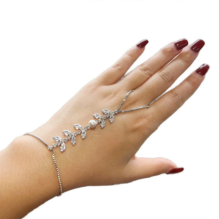 Fashion Simple Design Plant Leaf Bracelets Women Elegant Shiny Pearl Rhinestone Finger Bracelet Bride Stainless Steel Jewelry