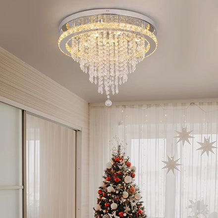 Modern Dimmable Crystal Ceiling Lamp Stainless Steel Remote Control Silver Home Decor