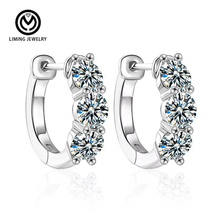 XKZ005 Luxury Three Diamond 925 Sterling Silver Wedding Engagement Fine Jewelry 0.9Ct Moissanite Hoop Earrings for Women