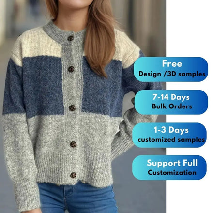 Elegant Ladies Winter Sweater Elegant Viscose Blend Color Block Cardigan Crew Neck Button-Up Knit Stripes Casual Style Front