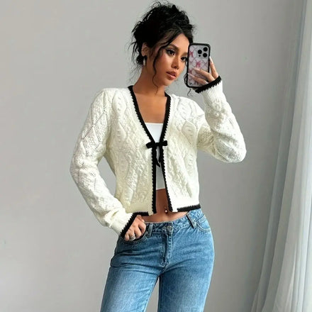 Elegant Autumn Lace-Up Texture Contrasting Edge Long-Sleeved Knitted Cardigan Niche Celebrity Style Mature Woman Sweater