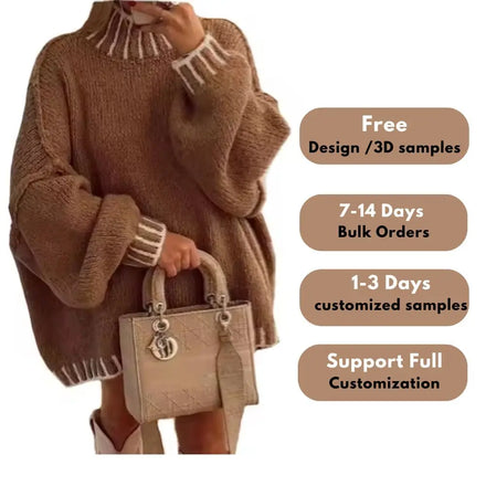 Fashion Oversize Knitted Casual Autumn Turtleneck Women's Pullover Sweater 100% Polyester Soft Long Sleeve