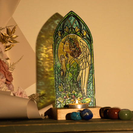 Handcrafted Stained Glass Angel Panel with Crystal Candle Stand - Perfect for Meditation and Prayer for Instagram Artist
