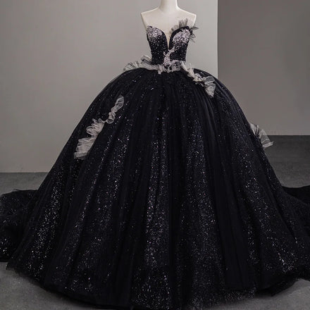 Jancember SFY49 Unique Black Glitter Sweetheart Evening Women's Puffy Dresses