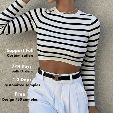 Long Sleeve Crop Top Femme O Neck Casual Women's Knitting Contrast Color Striped Sweater with Front Logo