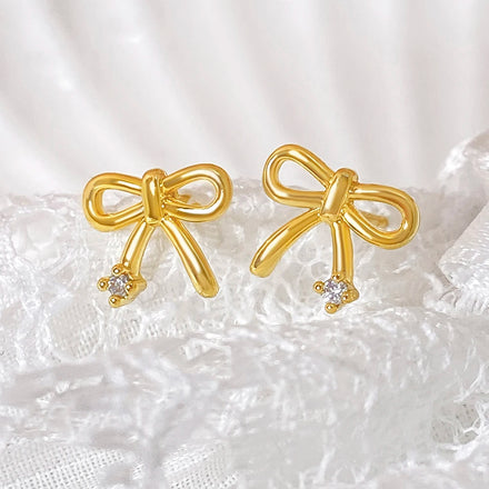 Foxi Ready to Ship Trendy Jewelry Hot Sale Zircon Stud Earrings 18K Gold Plated Bow Earrings for Women