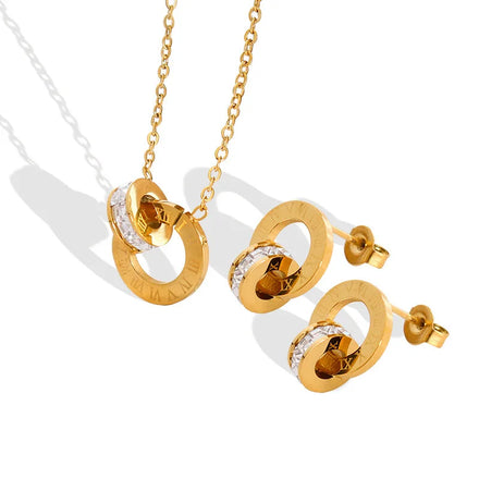 Stainless Steel Waterproof Fasteners 18k Gold Diamond Roman Numeral Necklace Earrings Fashion Jewelry
