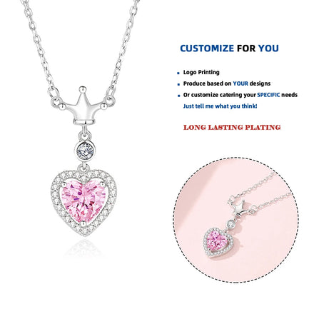 FDXZ-218 Exquisite Design 925 Sterling Silver Pink Heart Pendant Crown Necklace Round Zirconia Fashion Jewelry