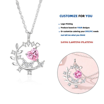 FDXZ-195 925 Silver Pink Heart Crescent Shaped Branch Necklace for Female Light Luxury Zircon Simplicity Gift for Girlfriend