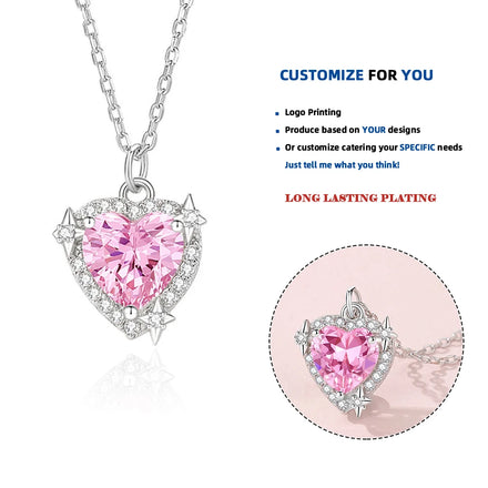 FDXZ-206 925 Sterling Silver Exquisite Heart Shape Pink Star Diamond Zircon Pendant Necklace Main Stone CZ for Weddings