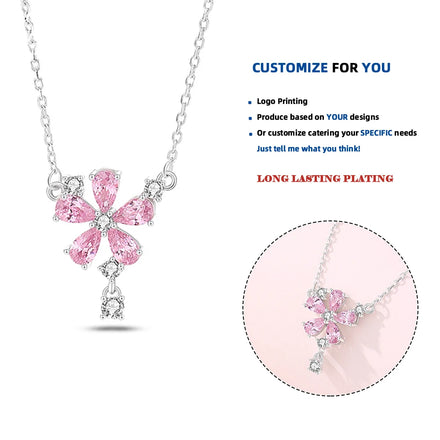 FDXZ-167 925 Sterling Silver Tassel Drop Diamond Original Design Pink Flower Sakura Pendant Necklace Fine Jewelry for Women Gift