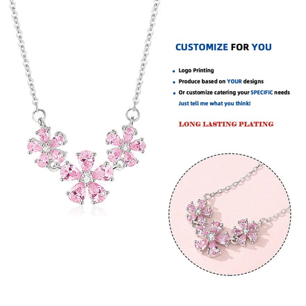 FDXZ-179 925 Sterling Silver Pink Diamond Peach Blossom Necklace Women Flower Zircons Original Design Delicate Party Jewelry