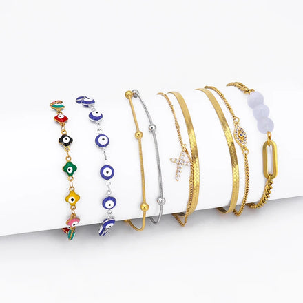 Turkish Devil Eye Colorful Anklet Simple Waterproof Double Chain Women's 18K Pvd Stainless Steel Cross Jewelry Anklet