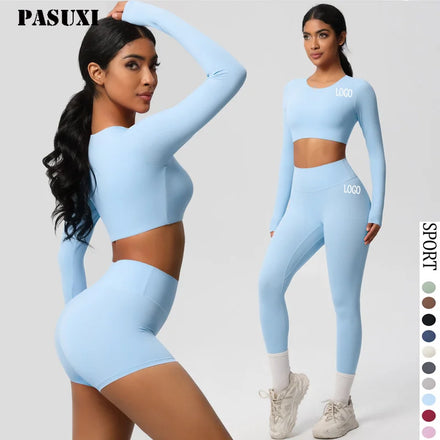 PASUXI Women's Plus Size 3-Piece Yoga Activewear Tracksuit Set High Quality Spandex/Nylon Quick Dry Four-Way Stretch Leggings