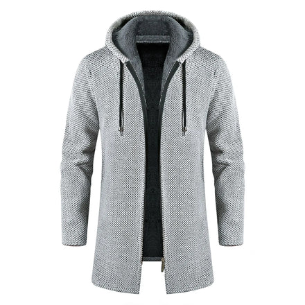 OEM Custom logo Embroidery Printed Design Men's Clothing Mid-length Plus Velvet Thick Solid Color Loose Knitted Hooded Jacket