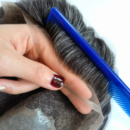 Gray Color Q6 Style Fine Swiss Lace PU Thin Skin Natural Human Hair Replacement System Men Toupee