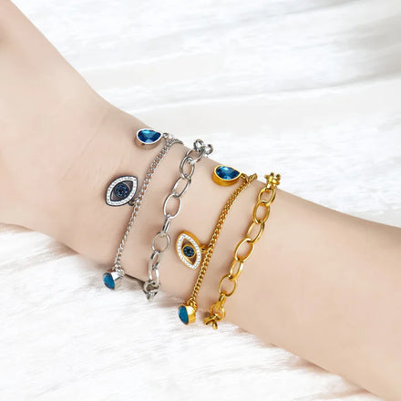 18k Gold Stainless Steel Jewelry Bracelet With Blue Stones Double Chain Bangle Surgical Stainless Steel Gold Bracelets for Women