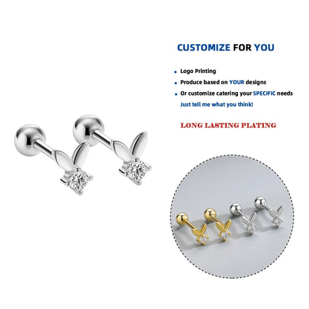 LE159 Vintage 925 Sterling Silver Small Geometric Rabbit Wholesale Fashion Fine Jewelry Gold Plated Screw Back Earring Women