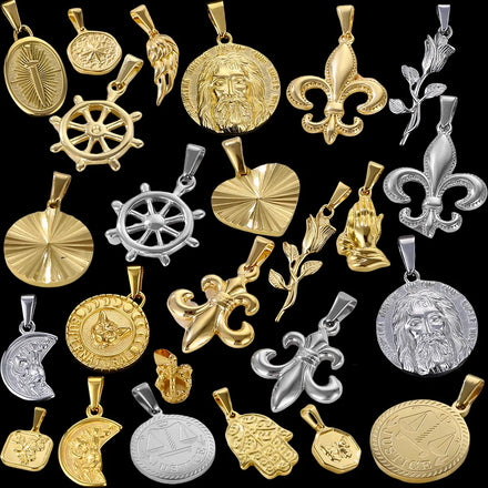 Custom Logo Pendant Jewelry Stainless Steel PVD 18k Gold Religious Jesus Head Pendant Tarnish Free Rose Flower Compass Charms