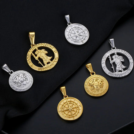 Custom Logo Pendant Jewelry Stainless Steel 18k Gold Religious St Christopher Pendant Tarnish Free Medusa Compass Charm