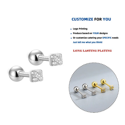 LE154 925 Sterling Silver Tiny Square Micro Set Cz Minimalist Vintage Fashion Fine Jewelry Gold Plated Screw Back Earring Women