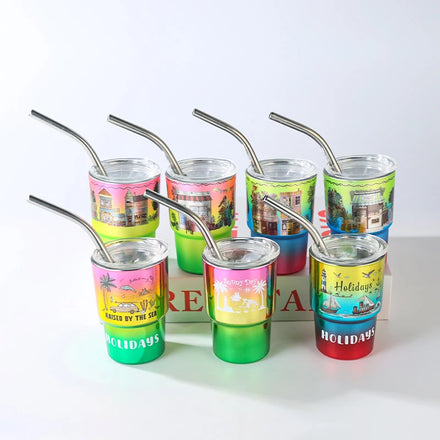 Wholesale Custom Premium 2.5oz Electroplated Gradient Colors Shot Glass with Lid and Straw Drinkware for Parties
