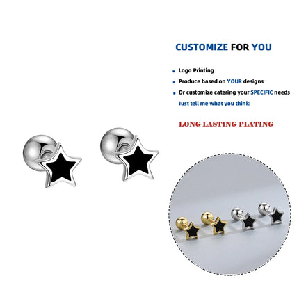 LE118 925 Sterling Silver Fashion Simple Black Star Beads Small Stud Earrings for Women Teen Piercing Jewelry