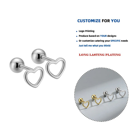 LE140 Vintage 925 Sterling Silver Small Skeleton Heart Wholesale Fashion Fine Jewelry Gold Plated Screw Back Earring Women