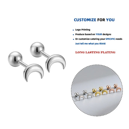 LE111 925 Sterling Silver Fashion Simple Moon Beads Small Stud Earrings for Women Teen Piercing Jewelry Accessories