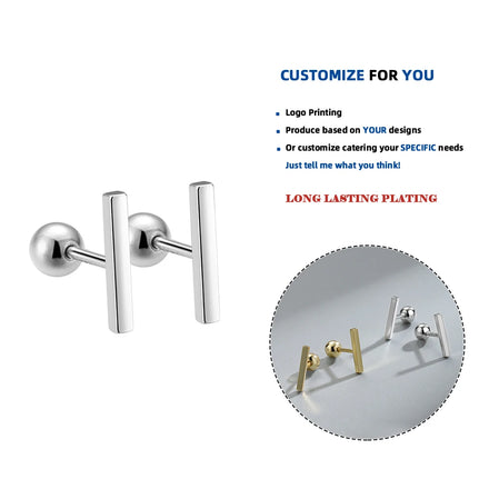LE143 925 Sterling Silver Tiny Geometric Square Bar Minimalist Vintage Fashion Fine Jewelry Gold Plated Screw Back Earring Women