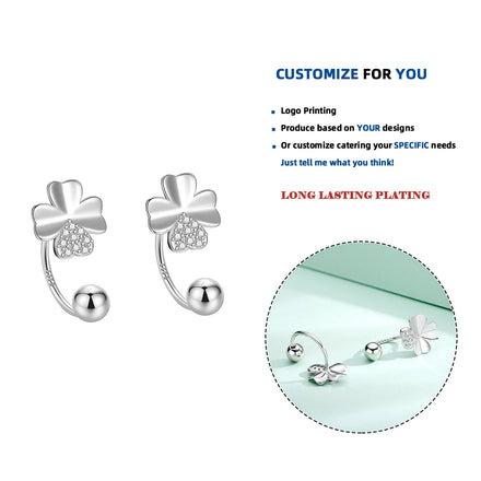 LE618 Sterling Silver Clover Leaf Hoop Earring for Women Girls Leaf Half Hoop Earring Screw Back Jewelry