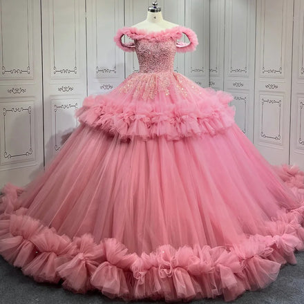 Jancember LSMU60 Exclusive Pink Off Shoulder Empire Pearls Evening Long Tail Dresses