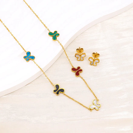 Summer Color Enamel Butterfly Necklace Earrings PVD Nickel & Copper Free Jewelry 316L Stainless Steel Jewelry Set for Women