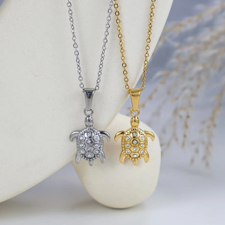Waterproof Stainless Steel Tortoise Pendant Necklace Gold Plated Necklace Zirconia Stone Sea Turtles Pendant Religious Jewelry