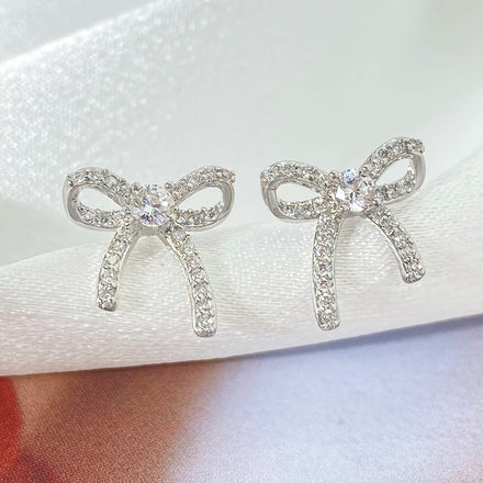 For Foxi Trendy New Fashion Valentines Day Cute Small Bow Earrings for Women Zircon Stone on Brass with Rhodium Plating Perfect